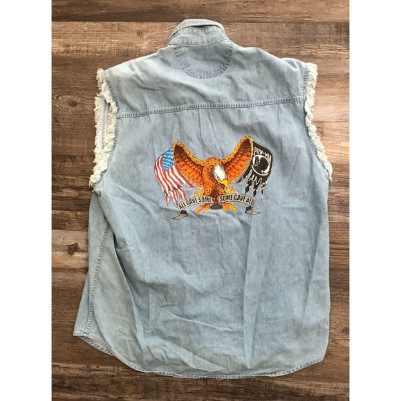 Lightning Clothing Mens Large Blue Motorcycle Eagle Graphic Denim Button Up Vest - Picture 1 of 7